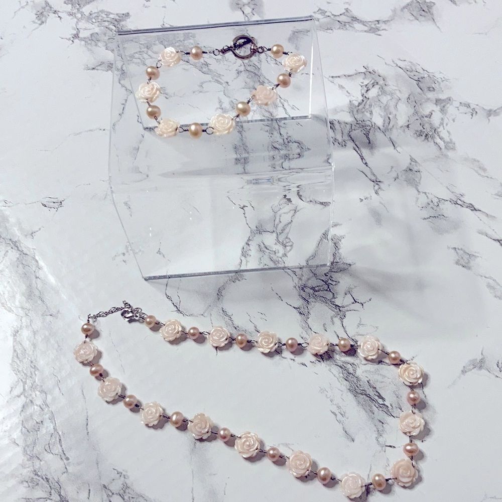 Red Envelope Carved pearl rose jewelry set pink